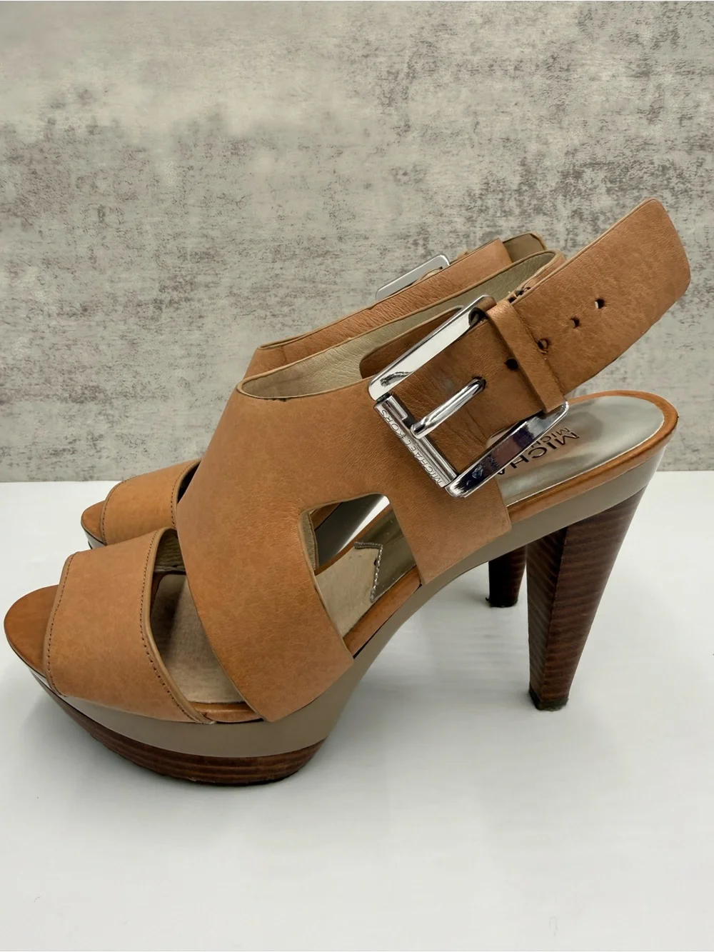 Michael Kors Carla Platform Sandals Women 8.5M Luggage Leather High Heels